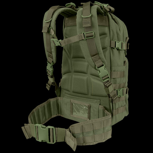 The Condor Medium Assault Backpack 30L, shown from the back at an angle, features padded straps, adjustable buckles, and a waist belt.